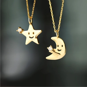 Polished S925 sterling silver moon and star pendant necklace with 14K gold plating