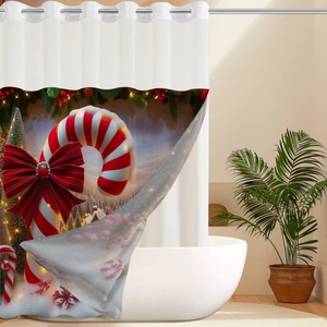 Detail of Christmas shower curtain featuring candy cane and red velvet bow on white
