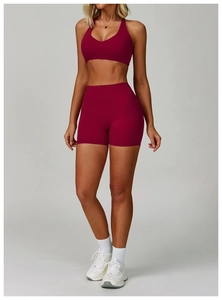 Close-up of seamless high-waisted yoga shorts and deep V-neck sports bra in wine red