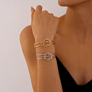 Three-layer geometric metal open cuff bracelet set in gold and silver finish