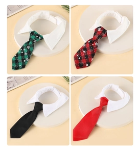 Detailed views of adjustable pet neckties in red and green plaid with snowflake patterns