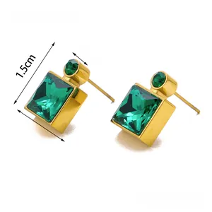 Detail of square green gemstone earrings with gold metal base and size dimensions