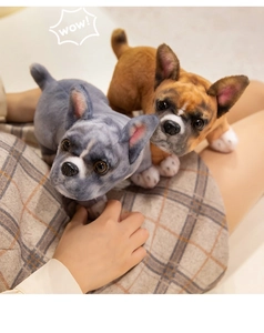 Realistic French Bulldog plush toys in grey and brown soft faux fur shown in hand