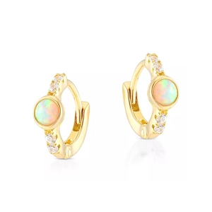 Detailed macro of gold plated silver huggie earrings with opal and cubic zirconia