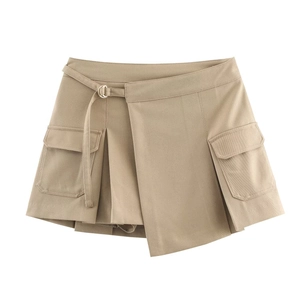 Jupe Culotte Cargo Femmes Taille Haute Kaki Sergé Grandes Poches Ceinture Anneau D Ourlet Asymétrique Mode