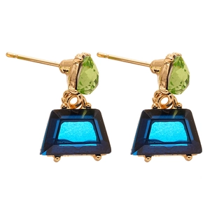Minimalist geometric earrings with contrasting green and blue stones in gold setting