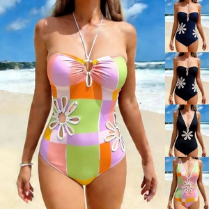 Women Swimsuit Nylon Spandex Hollow Flower Halter Neck Deep V Backless Beach Vacation Bathing Suit Monokini Sleeveless