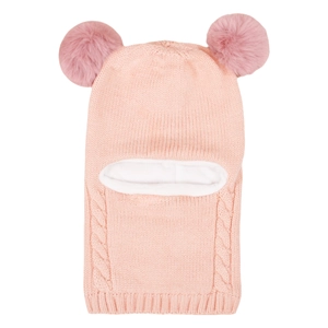 Passamontagna in maglia rosa per bambini con fodera in pile e due pompon di pelliccia