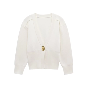 White V-neck ribbed knit cardigan featuring long sleeves and a wavy gold metal button