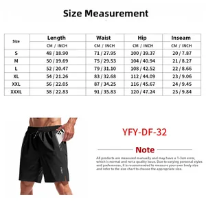 Detailed size chart for men's quick-dry sports shorts showing length, waist, and hip info