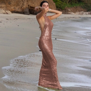 Detailed back view of a sequined halter neck dress with an open back design in rose gold