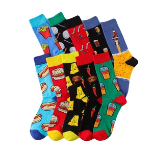 Detailed view of colorful cotton socks with burger, fries, and funny food patterns