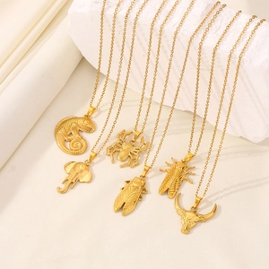 Close-up of golden stainless steel pendants featuring insect and animal embossed details