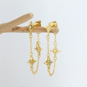 Elegant S925 sterling silver star tassel earrings with gold plating and zircon accents