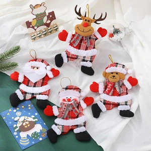 Set of 4 Christmas plush ornaments with Santa, reindeer, snowman and bear in red plaid