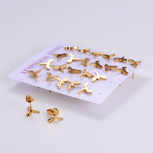 Golden stainless steel dragonfly stud earring set with 12 pairs on a display card