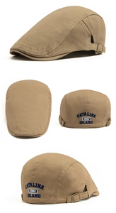 Detail of khaki cotton newsboy cap with CATALINA 1983 ISLAND embroidery and metal buckle