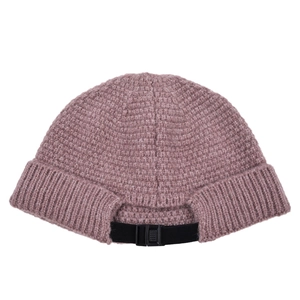 Detail of knitted beanie with thick rolled brim and adjustable black buckle strap back