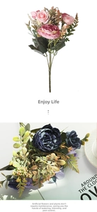 Detail of faux peony and rose bouquet in pink and blue for home interior decoration