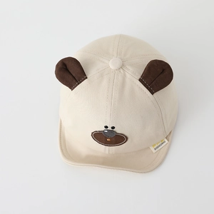 Detail of baby bear baseball cap showing the cute 3D ears and soft cotton twill fabric