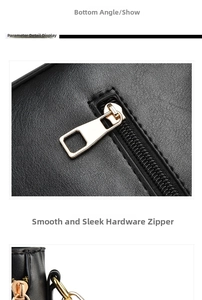 Close-up of smooth gold-tone zipper pull and premium black leather texture on stylish bag