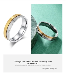 Detail of two-tone titanium steel ring featuring brushed gold and polished silver finish
