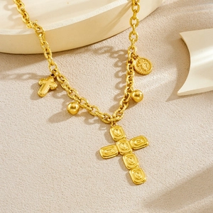 Vintage gold oval cross pendant necklace with chunky stainless steel chain for women