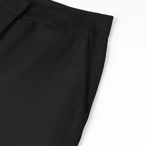 Detailed view of black straight-leg trousers featuring side pockets and smooth fabric texture