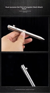 Detail of silver tactical pen with bolt action switch and tungsten steel tip for defense