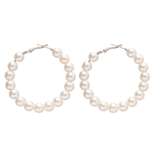 Elegant geometric silver needle hoop earrings with white faux pearls for women
