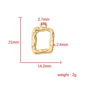 Gold stainless steel irregular textured square frame pendant with dimensions 21x14.2mm