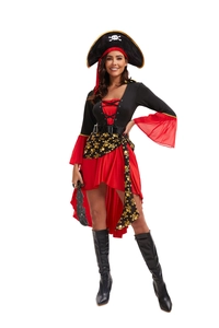 Detail of female pirate costume with skull hat, red-black dress and toy cutlass