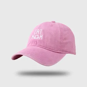 Women's Washed Cotton Baseball Cap Vintage Cat Mom Embroidery Duck Tongue Hat Adjustable Soft Top Sun Protection Outdoor Sport Hat
