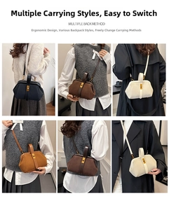Detailed views of vintage pleated shell bag showing versatile ways to carry with straps