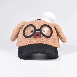 Detail of cute puppy plush baseball cap with chef hat and glasses design for kids