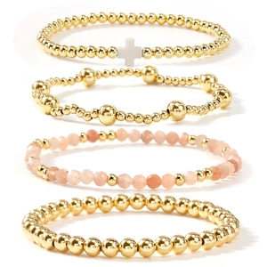 Summer gold bead and pink crystal multi-layer bracelet set with cross charm detail