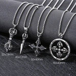Detailed size comparison of four silver gothic vajra and cross pendants with dimensions