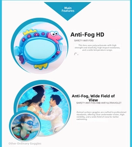 Blue fish-shaped kids goggles detail with PC anti-fog lens and UV protection