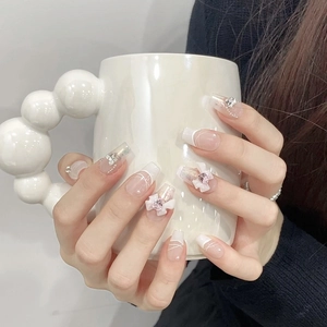 Handmade Press On Nails Long Coffin French Tip White Line 3D Pink Bow Rhinestone Aurora Artificial Pearl Luster Sweet Style