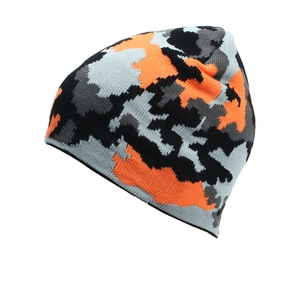 Detailed close-up of heavy-duty camo beanie in orange, grey and black winter knit