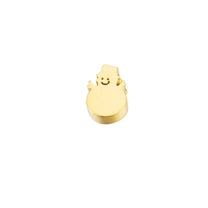 Macro shot of 7x10mm gold snowman pendant with smiling cutout and polished finish