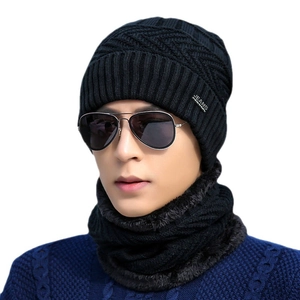Men's winter knit beanie hat and scarf set with thick fleece lining in black color