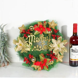 35cm Christmas pine wreath with red poinsettias, golden stars and Merry Christmas sign