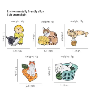 Five unique cartoon cat enamel pins with size and weight measurements on white background