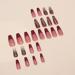 24pcs burgundy and nude coffin press-on nails with silver abstract lines and French tips
