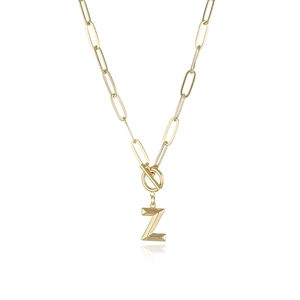 Detail of gold-plated paperclip chain necklace with 3D letter Z pendant and OT toggle clasp