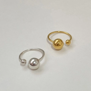 Minimalist S925 sterling silver open ring with asymmetrical double gold and silver beads