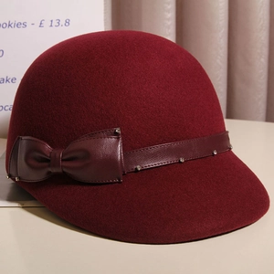 Elegant wine red wool felt equestrian hat with leather bow and rhinestone detail for women