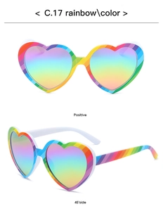 Detail showing heart-shaped rainbow sunglasses with polarized gradient lenses and frames
