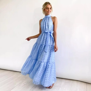 Elegant light blue halter neck tiered maxi dress with plaid texture and waist belt